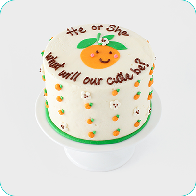 little cutie with cutie oranges gender reveal cake 