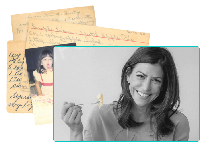 Susie eating a piece of cake, and handwritten recipe cards